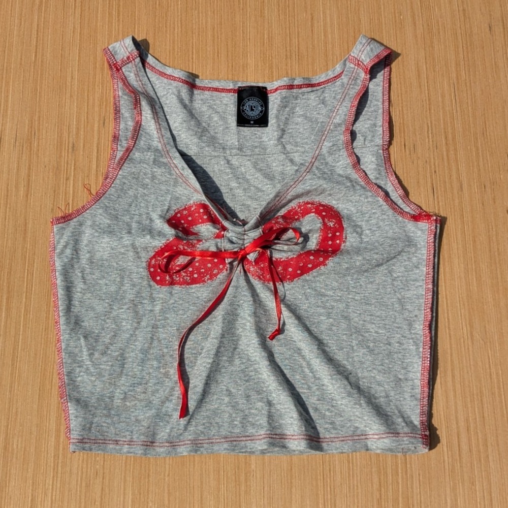 Pacsun Crop‎ Top Y2K Streetwear Reteo Gray Red Bow Tie Tank Top Women's Medium